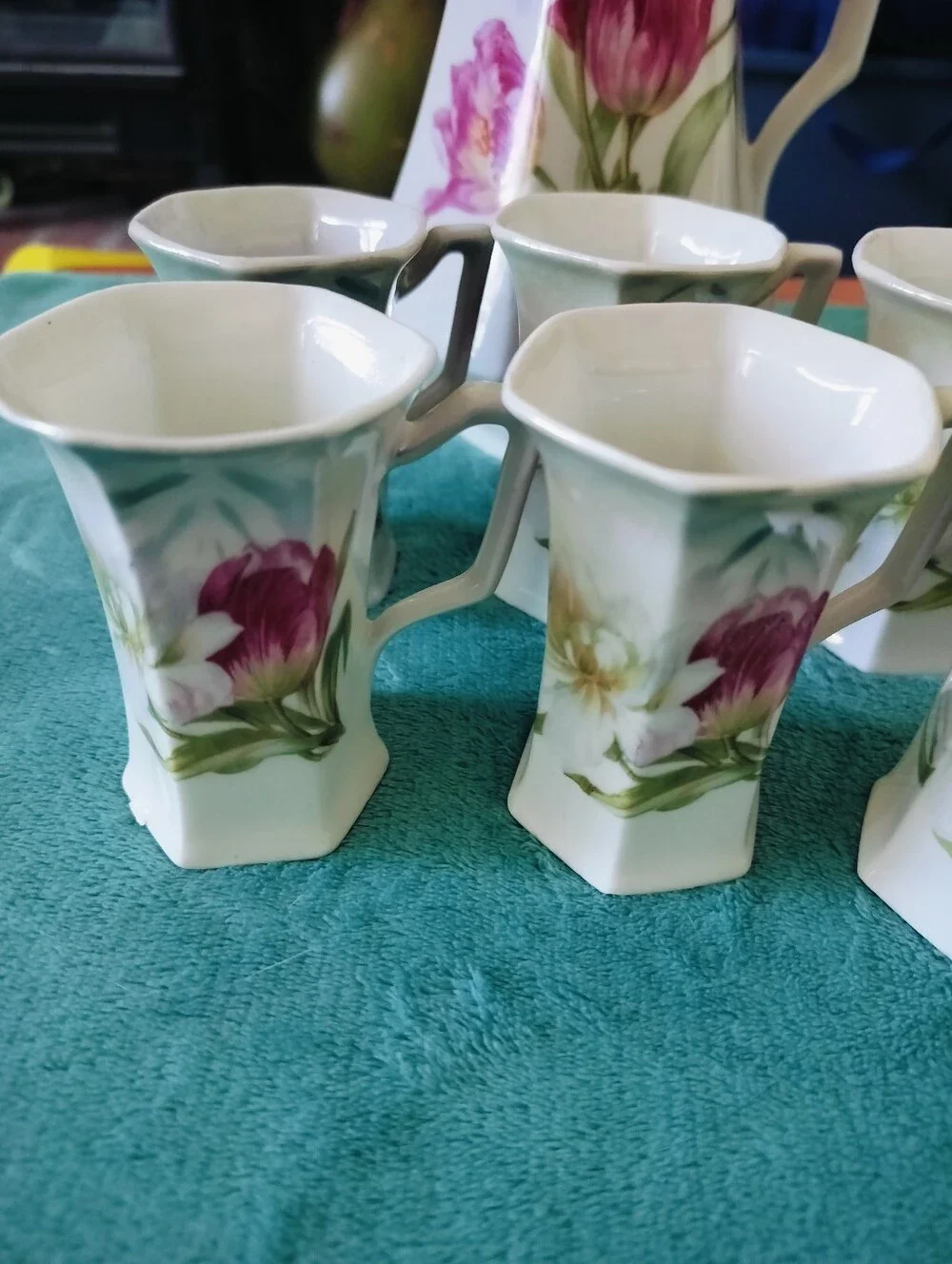 Antique German Porcelain Chocolate Pot Set 6 Cups Tulips Art Nouveau C. 1890s
